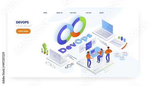 Devops, landing page design, website banner vector template. Software development and operations teams working together.