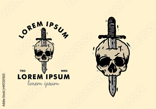 Vintage colorful drawing of skull and knife