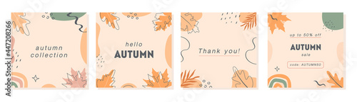 Set of vector minimal cards with geometric shapes and forest autumnal leaves. Trendy abstract post templates for social media. Autumn sale square banners. Vector illustration in flat style. photo