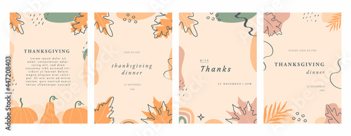 Set of Happy Thanksgiving Invitation Cards with leaves, pumpkins, geometric shapes and strokes. Abstract vertical banner or background with copy space for text. Vector illustration.