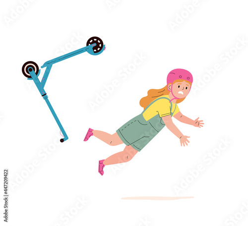 Child falling down from kick scooter. Little girl in a helmet falls to the ground after scooter accident. Health risk. Vector cartoon flat illustration 