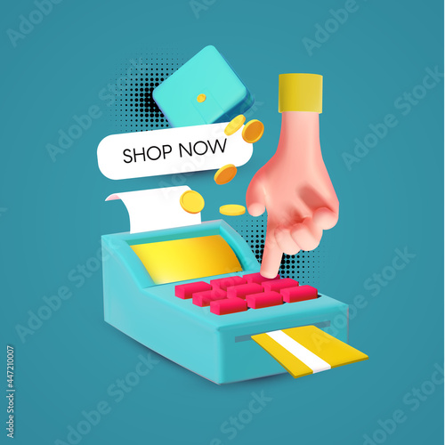 3d Sale design template with cash register and touching hand. Spaceial offer space.