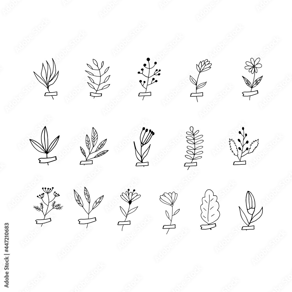 abstract flowers and leaves glued with tape icon set. hand drawn doodle. vector, scandinavian, nordic, minimalism, monochrome. plant, herbarium, scrapbooking. abstract flowers and leaves glued with tape icon set. hand drawn doodle. vector, scandinavian, nordic, minimalism, monochrome. plant, herbarium, scrapbooking.