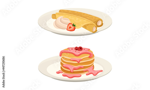 Sweet Crepe or Pancake Served on Plate with Cream and Raspberry Jam Vector Set