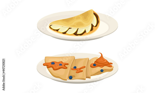 Sweet Crepe or Pancake Served on Plate with Caramel and Chocolate Filling Vector Set
