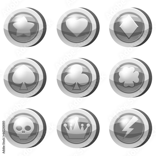 Set of Silver Coins for game apps. Silver icons star, heart, card suits, crown, symbols game UI, gaming gambling. Vector illustration