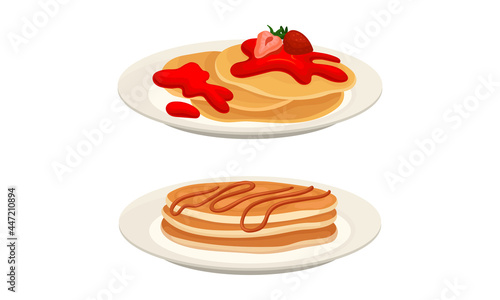 Sweet Crepe or Pancake Served on Plate with Strawberry Jam and Caramel Vector Set