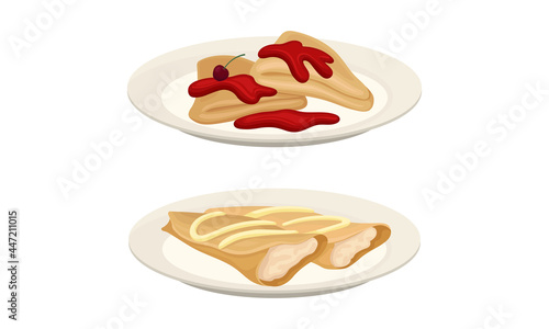 Sweet Crepe or Pancake Served on Plate with Cherry Jam and Quark Filling Vector Set