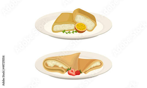 Sweet Crepe or Pancake Served on Plate with Quark Filling Vector Set