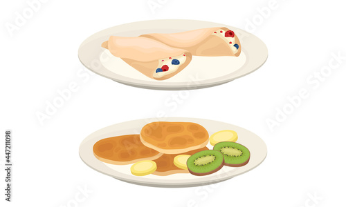 Sweet Crepe or Pancake Served on Plate with Cream and Berry Filling Vector Set