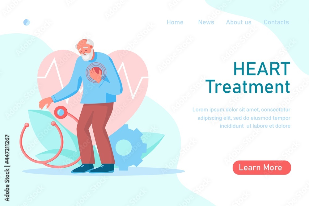 Old man with heart pain, attack touching his chest. Heart treatment, health care and disease diagnostic concept. Vector flat illustration. Design for banner, landing page, web background, flyer