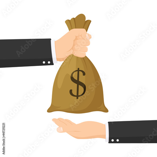 Human hand gives money bag to another person payment banking poster, vector flat illustration