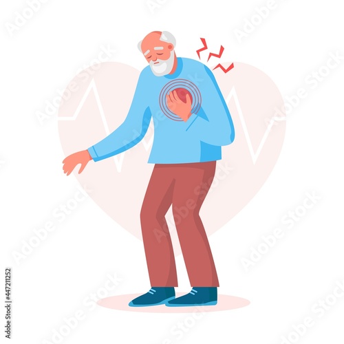 Old man with heart attack, pain touching chest. Heart treatment, health care and disease diagnostic concept. Vector flat illustration. Design for banner, landing page, web background, flyer