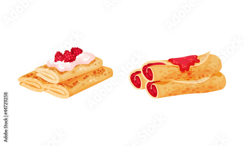 Sweet Crepe or Pancake Served with Berry Filling Vector Set