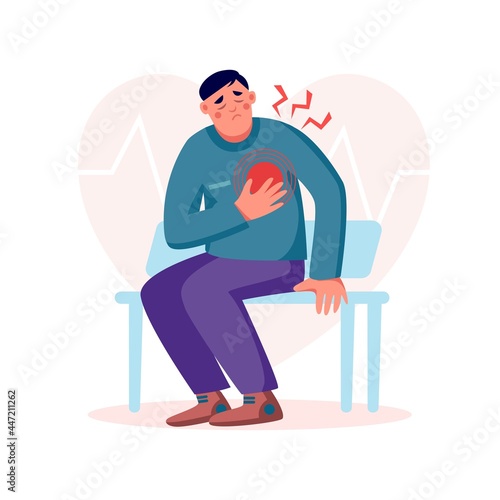 Young man on bench with heart attack, pain  touching chest. Heart treatment, health care and disease diagnostic concept. Vector flat illustration. Design for banner, landing page, web background