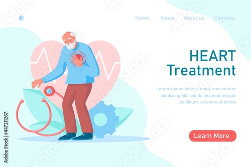 Old man with heart pain, attack touching his chest. Heart treatment, health care and disease diagnostic concept. Vector flat illustration. Design for banner, landing page, web background, flyer