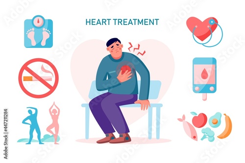 Heart treatment cardiovascular problem,  infographics with man and heart pain. Healthy lifestyle concept. Vector flat illustration.Weight scale, heart, exercise, food, diabetes control