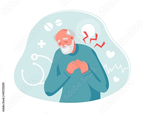 Old man with heart attack, pain  touching chest. Heart treatment, health care and disease diagnostic concept. Vector flat illustration. Design for banner, landing page, web background, flyer