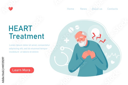 Old man with heart pain, attack touching chest. Heart treatment, health care and disease diagnostic concept. Vector flat illustration. Design for banner, landing page, web background, flyer