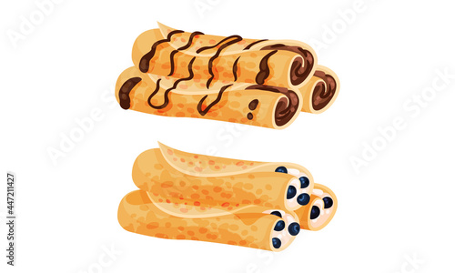 Sweet Crepe or Pancake Served with Berry and Chocolate Filling Vector Set