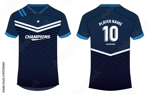 Sports t-shirt jersey design concept vector template, chevron pattern v neck Football jersey concept with front and back view for Soccer, Cricket, Volleyball, Rugby, tennis, badminton uniform kit
