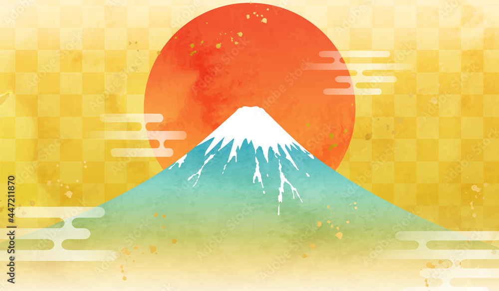 水彩の富士山と日の出のお正月のベクターイラスト背景 朝日 金 市松模様 テクスチャ 日本 年賀状素材 コピースペース Stock Vector Adobe Stock 水彩の富士山と日の出のお正月のベクターイラスト背景 朝日 金 市松模様 テクスチャ 日本 年賀状素材 コピースペース Stock Vector Adobe Stock