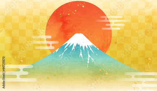 水彩の富士山と日の出のお正月のベクターイラスト背景(朝日,金,市松模様,テクスチャ,日本,年賀状素材,コピースペース)