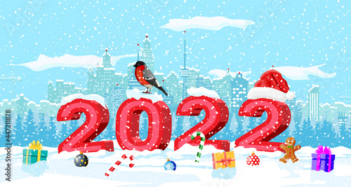 Christmas Winter Cityscape, Snowflakes and Trees.