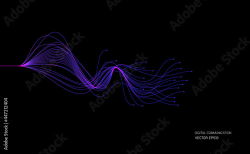 Vector wave lines flowing dynamic in blue colors on black background for concept of AI technology, digital, communication, science, music