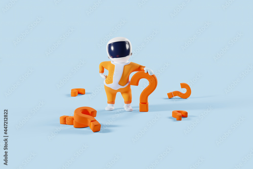 3D cartoon spaceboy in the middle of question marks ready to help. 3D rendering. 3D cartoon spaceboy in the middle of question marks ready to help. 3D rendering.