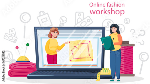 Online fashion workshop. Seamstress or tailor distance education platform. Professional master sewing clothes. Creative atelier profession. Teacher explains pattern on laptop screen to female student