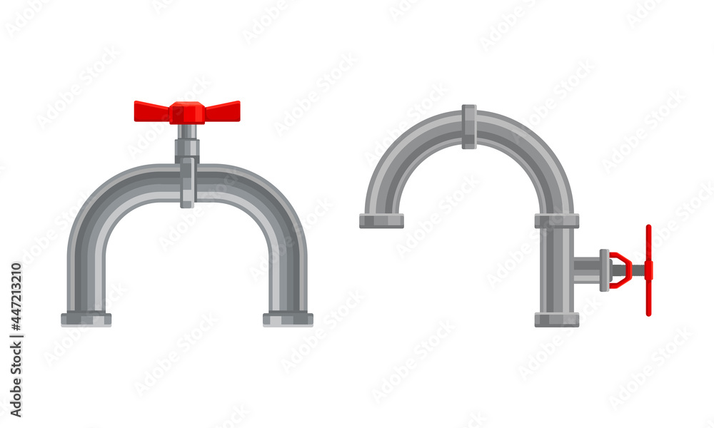 Fitting or Adapter for Connecting Straight Section of Pipe or Tube with Red Valves Vector Set Fitting or Adapter for Connecting Straight Section of Pipe or Tube with Red Valves Vector Set