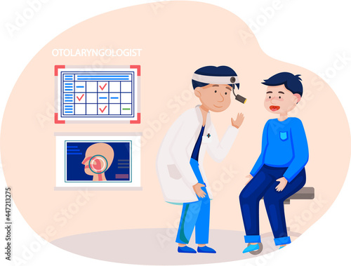 Otolaryngologist doctor with nose, ear and throat or ENT diagnostic and treatment instruments. Otology doctor with patient. Otorhinolaryngology healthcare medicine or otolaryngology diseases