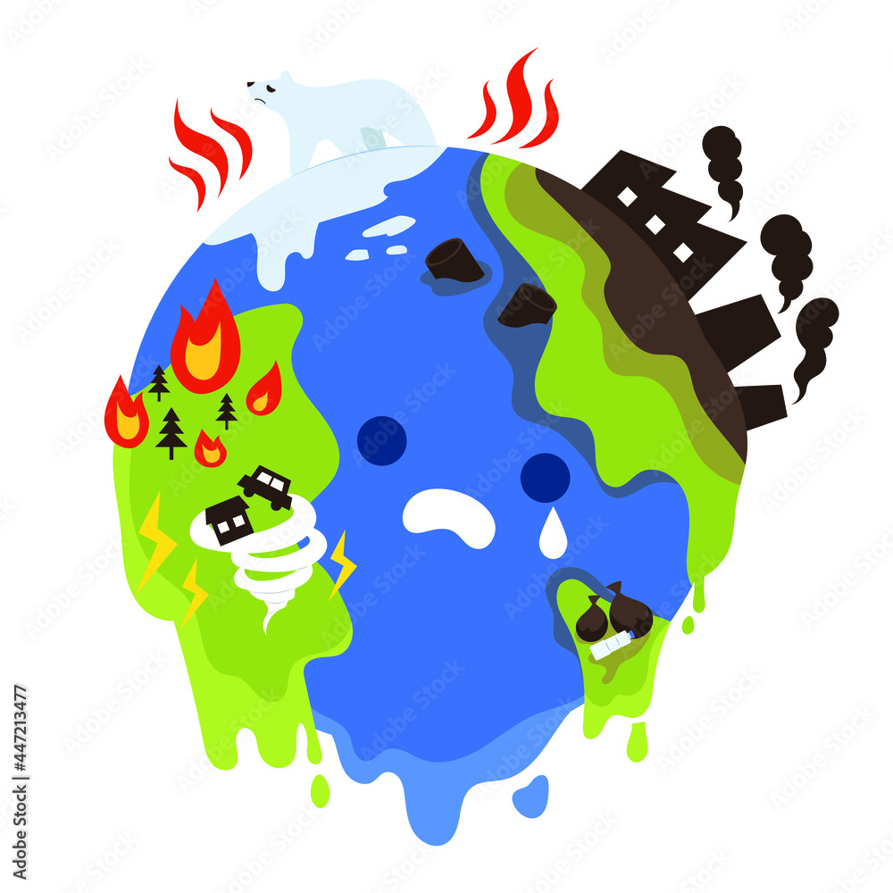 Naklejka premium Global warming is caused by environmental pollution. The melting earth sheds tears and mourns. Melting Arctic, air pollution, water pollution, abnormal climate, etc.