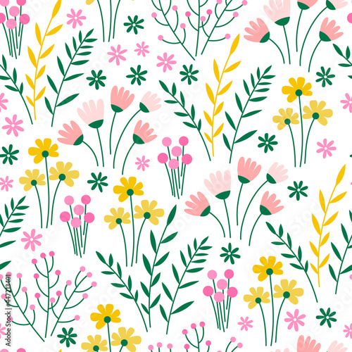 Colorful seamless pattern with simple flowers, leaves, plants. Simple flat floral background for wallpaper, wrapping paper, surface design