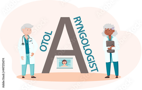 Otolaryngologist doctor with nose, ear and throat or ENT diagnostic and treatment instruments. Otology doctor with patient. Otorhinolaryngology healthcare medicine or otolaryngology diseases