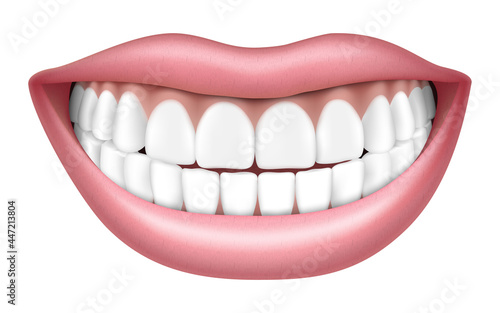 Realistic smile with white teeth, lips and teeth, isolated on white background, 3D vector illustration
