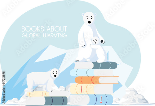 Family of polar bears is very sad about climate change and global warming. Polar bears stand on stack of books about climate and weather. Animals suffer from melting glaciers and greenhouse effect