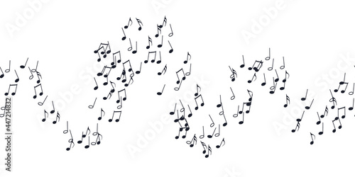 Seamless flying musical notes on white. Musical symbols for banner of festival, print design, melody recording, design back layers. Template musical notation symphony signs, notes for sound tune music