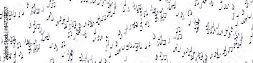 Seamless flying musical notes on white. Musical symbols for banner of festival, print design, melody recording, design back layers. Template musical notation symphony signs, notes for sound tune music