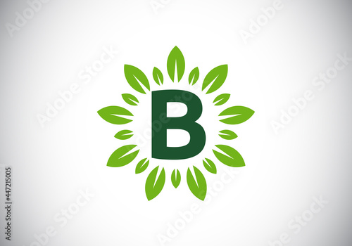 Initial B monogram letter alphabet with leaf wreath. Green leaf, flower logo design concept. Modern vector logo design for business, and company identity.