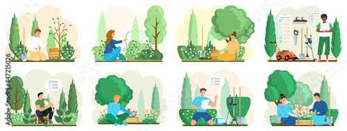 Seasonal gardening with characters of gardeners working in outdoor garden scenes set with people growing plants. Agriculture organic garden tillage and farming plant care gardening hobby horticulture