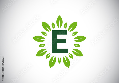 Initial E monogram letter alphabet with leaf wreath. Green leaf, flower logo design concept. Modern vector logo design for business, and company identity.