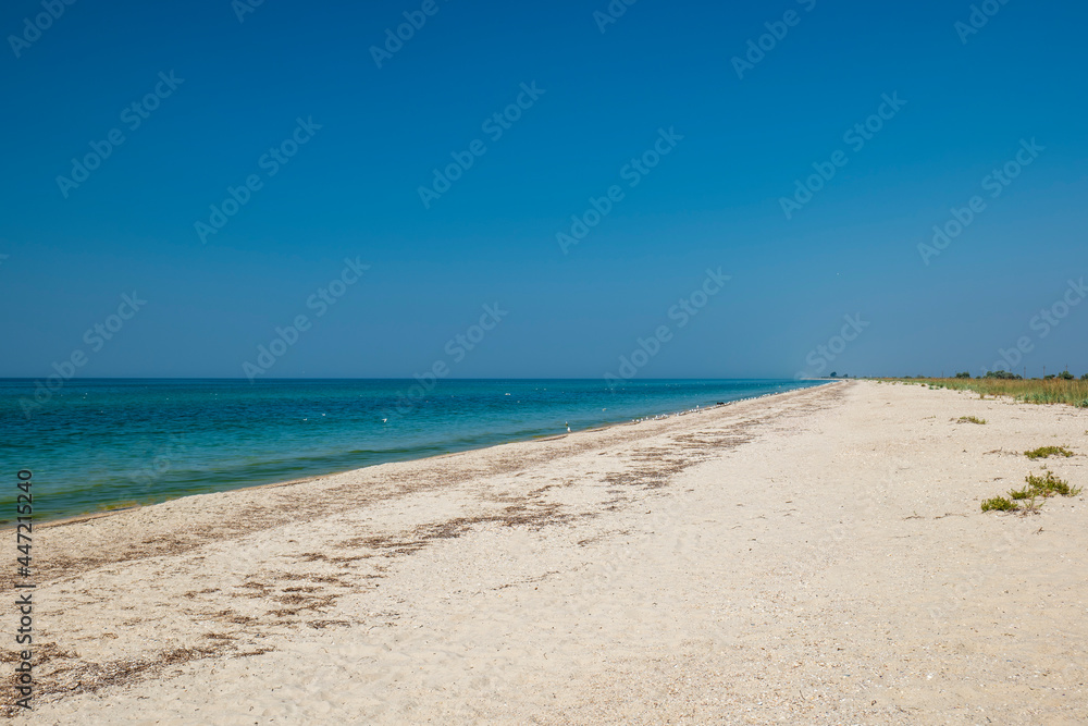 Wide beautiful beach near the sea. Summer landscape. Relax and travel Wide beautiful beach near the sea. Summer landscape. Relax and travel