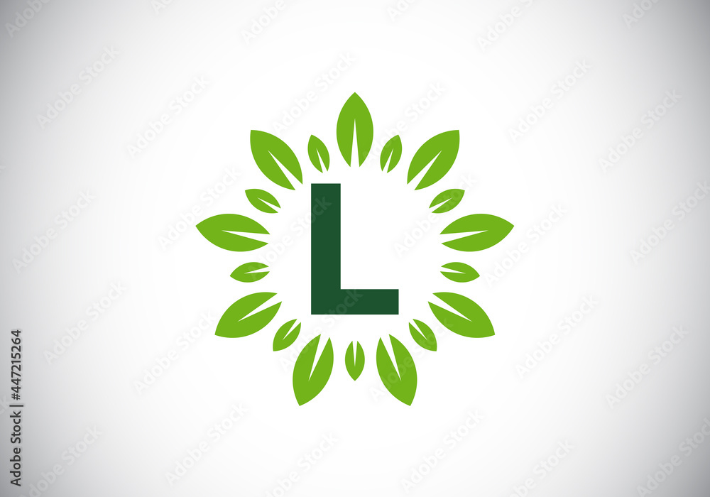 Initial L monogram letter alphabet with leaf wreath. Green leaf, flower logo design concept. Modern vector logo design for business, and company identity. Initial L monogram letter alphabet with leaf wreath. Green leaf, flower logo design concept. Modern vector logo design for business, and company identity.