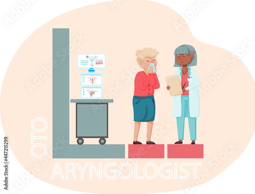 Otolaryngologist doctor with nose, ear and throat or ENT diagnostic and treatment instruments. Otology doctor with patient. Otorhinolaryngology healthcare medicine or otolaryngology diseases