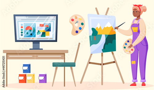 Online painting workshop concept, distance studying. Woman artist draws picture on easel. Drawing lessons on learning platform for painters and designers, educational course free video tutorial
