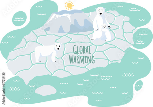 Wild animals living in arctica suffer from global warming. Family of polar bears on ice floe during global warming. Melting glaciers due to rising temperature. Polar bears flee from melting glaciers