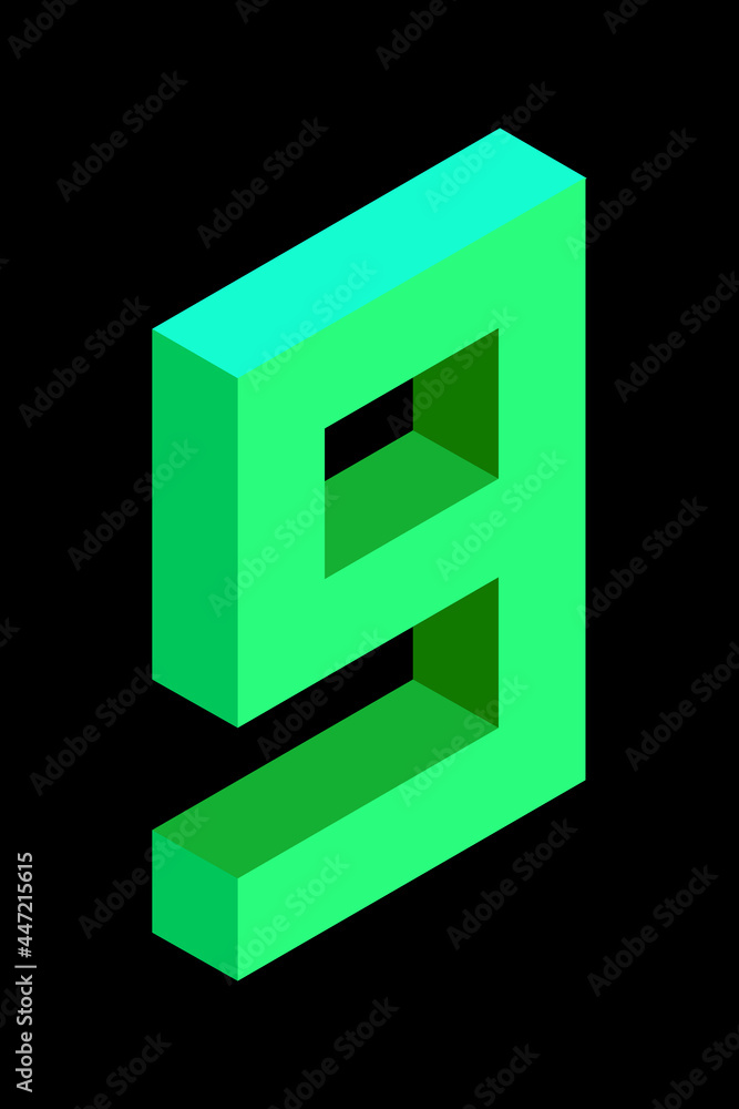 Light green number 9 in isometric style. Isolated on black background. Learning numbers, serial number, price, place. Light green number 9 in isometric style. Isolated on black background. Learning numbers, serial number, price, place.