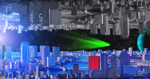 Futuristic city in the open Universe with unknown planets